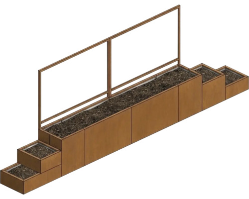 Strat de grădină înălțat modular cu protecție de sticlă împotriva vântului și jardiniere în trepte cu aspect de rugină.