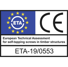 Marcajul CE și Evaluarea Tehnică Europeană ETA pentru șuruburi autofiletante în structuri de lemn, ETA-19/0553.