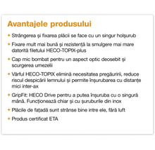 Avantajele șurubului HECO-TOPIX-plus: fixare cu un singur șurub, rezistență mare la smulgere, cap bombat, fără pregăurire, certificat ETA.