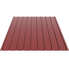 Tablă trapezoidală din metal roșu oxid pentru acoperiș și fațadă.
