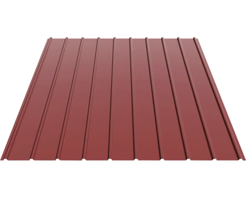 Tablă trapezoidală din metal roșu oxid pentru acoperiș și fațadă.