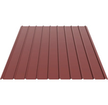 Tablă trapezoidală din metal de culoare maro roșcat pentru acoperiș.