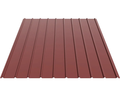Tablă trapezoidală din metal de culoare maro roșcat pentru acoperiș.