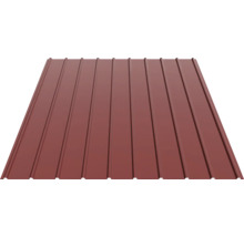 Tablă cutată trapezoidală maro roșcat din metal cu nervuri verticale.