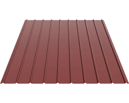 Tablă cutată trapezoidală maro roșcat din metal cu nervuri verticale.