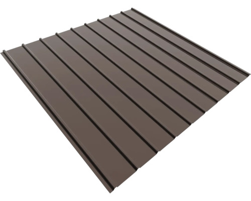 Tablă cutată din metal maro cu profil pentru acoperiș și fațadă.