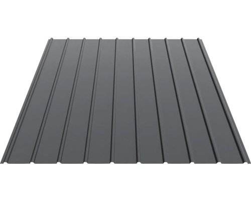 Tablă cutată din metal de culoare antracit cu profil longitudinal pentru acoperiș și perete.