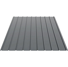 Tablă trapezoidală de oțel de culoare antracit pentru acoperișuri sau placări de pereți.
