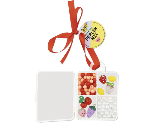 Mix de mărgele Folia Charming Fruits, set de 110 piese cu mărgele în formă de fructe și mărgele rotunde, inclusiv fundă roșie.