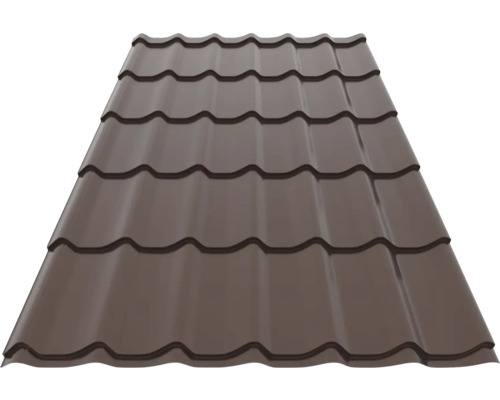 Tablă tip țiglă metalică maro închis cu profil ondulat pentru acoperiș.