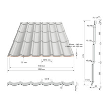 Desen tehnic al unei plăci de acoperiș cu profil de țiglă și dimensiuni în milimetri pentru lățime, lungime și înălțime.