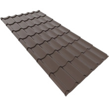 Panou de acoperiș din metal maro închis cu profil de țiglă.