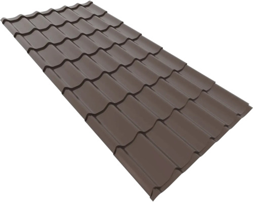 Panou de acoperiș din metal maro închis cu profil de țiglă.