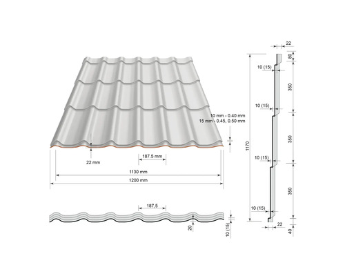 Desen tehnic al unei plăci de acoperiș cu profil de țiglă și dimensiuni în milimetri pentru lățime, lungime și înălțime.