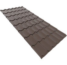 Tablă profilată din metal cu aspect de țiglă pentru acoperiș, culoare maro.