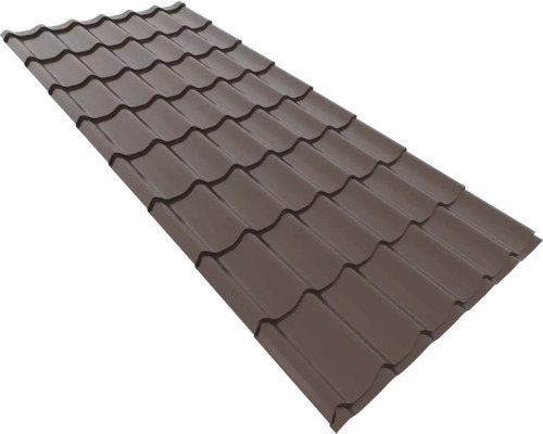 Tablă profilată din metal cu aspect de țiglă pentru acoperiș, culoare maro.