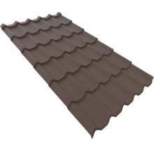 Tablă tip țiglă metalică de culoare maro pentru acoperiș.