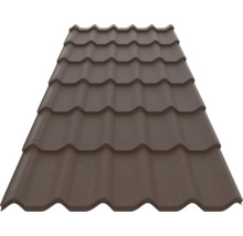 Tablă tip țiglă metalică de culoare maro închis cu profil ondulat.