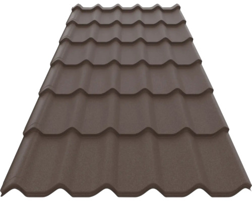 Tablă tip țiglă metalică de culoare maro închis cu profil ondulat.