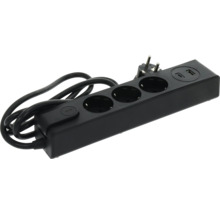 Prelungitor cu 3 prize negru cu întrerupător și porturi USB-A și USB-C.