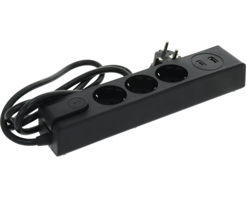 Prelungitor cu 3 prize negru cu întrerupător și porturi USB-A și USB-C.