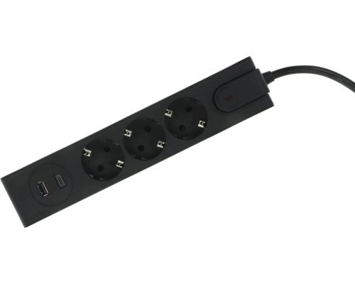 Prelungitor negru cu 3 prize, porturi USB-A și USB-C și un comutator de pornire și oprire.