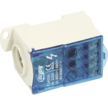 Bloc de distribuție Elvon FJ400A, 400 Amperi, 600 până la 690 Volți, cu ELVON Logo, marcaj CE și capac albastru transparent.