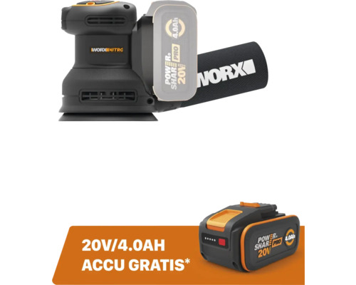 Slefuitor cu excentric cu acumulator Worx Nitro 20 Volti inclusiv acumulator de 4,0 Amperi-ora gratuit.