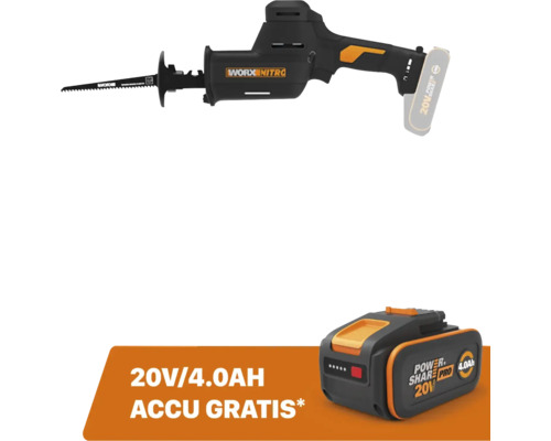 Fierăstrău sabie cu acumulator Worx Nitro 20 Volt cu acumulator Power Share Pro de 4,0 Amperi-oră gratuit.