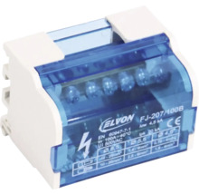 Distribuitor de fază Elvon bipolar 100 Amperi cu capac albastru transparent pentru montare pe șină.