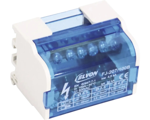 Distribuitor de fază Elvon bipolar 100 Amperi cu capac albastru transparent pentru montare pe șină.
