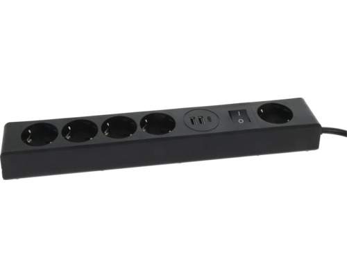 Prelungitor negru cu 5 prize, comutator, două porturi USB-A și un port USB-C.