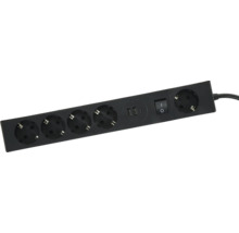 Prelungitor negru cu cinci prize, două porturi USB-A, un port USB-C și un comutator pornit-oprit.