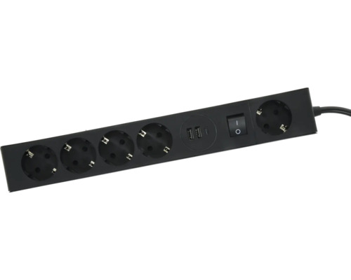 Prelungitor negru cu cinci prize, două porturi USB-A, un port USB-C și un comutator pornit-oprit.