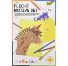 Set motive de împletit Folia Farm cu 233 de piese pentru copii. Include motive din hârtie, benzi de împletit și ochi mobili în format DIN A4.
