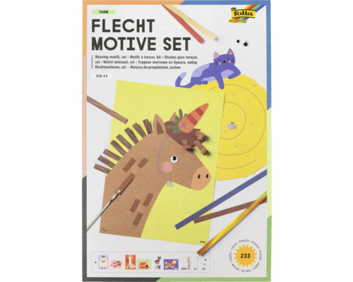 Set motive de împletit Folia Farm cu 233 de piese pentru copii. Include motive din hârtie, benzi de împletit și ochi mobili în format DIN A4.