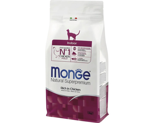 Hrană pentru pisici de interior Monge Natural Superpremium, bogată în pui, 1,5 kilograme