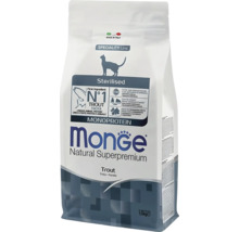 Hrană Monge Natural Superpremium pentru pisici sterilizate, păstrăv, monoproteină, 1,5 kilograme, fabricat în Italia.
