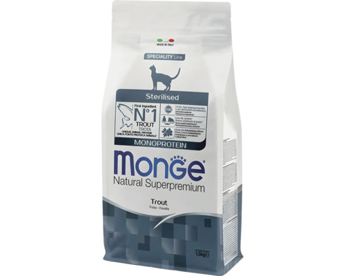 Hrană Monge Natural Superpremium pentru pisici sterilizate, păstrăv, monoproteină, 1,5 kilograme, fabricat în Italia.