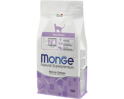 Hrană pentru pisici Monge Natural Superpremium Sterilised bogată în pui 1,5 kilograme.