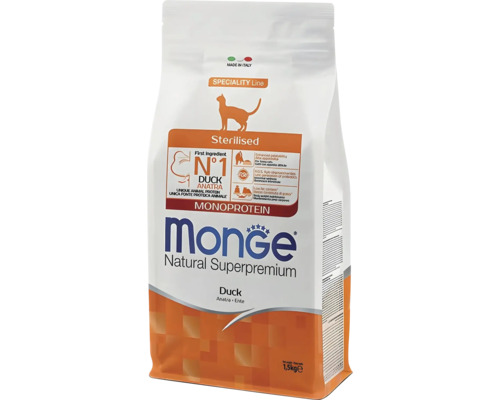 Hrană pentru pisici sterilizate Monge Natural Superpremium, monoproteină cu rață, sac de 1.5 kilograme