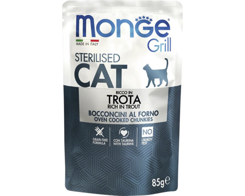 Pliculeț cu hrană pentru pisici sterilizate Monge Grill, cu păstrăv, bucățele gătite la cuptor, fără cereale, cu taurină, 85 de grame.