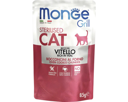 Monge Grill hrană umedă pentru pisici sterilizate, Bogată în vițel, Bucăți gătite la cuptor, fără cereale, cu taurină, 85 grame