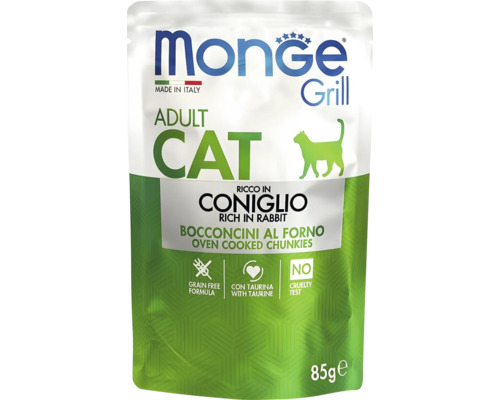 Hrană umedă Monge Grill pentru pisici adulte, iepure, bucățele la cuptor, fără cereale, cu taurină, netestat pe animale, plic de 85 grame.