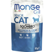Monge Logo, hrană Monge Grill pentru pisici senioare, macrou, bucățele la cuptor, fără cereale, cu taurină, fără cruzime, 85 grame.