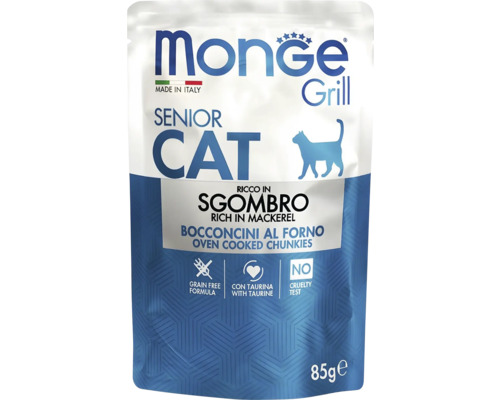 Monge Logo, hrană Monge Grill pentru pisici senioare, macrou, bucățele la cuptor, fără cereale, cu taurină, fără cruzime, 85 grame.