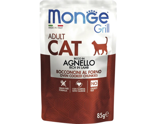 Monge Grill hrană umedă pentru pisici adulte cu miel, bucățele gătite la cuptor, fără cereale, 85 grame