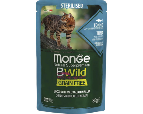 Hrană fără cereale Monge BWild pentru pisici sterilizate, ton cu creveți și legume, plic de 85 grame.