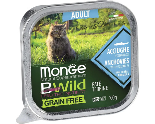 Monge BWild hrană pentru pisici adulte fără cereale pate cu anșoa și legume 100 grame