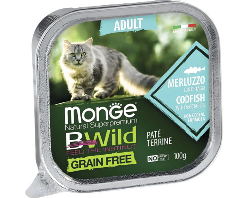 Hrană Monge BWild fără cereale pentru pisici, cod cu legume, pateu pentru pisici adulte, 100 grame.